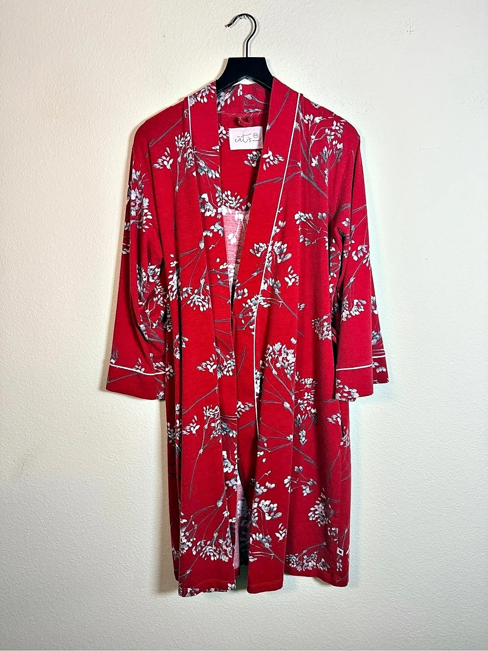 The Catโs Pajamas Red Floral Pima Knit Kimono Robe Kimono Robe Red & White